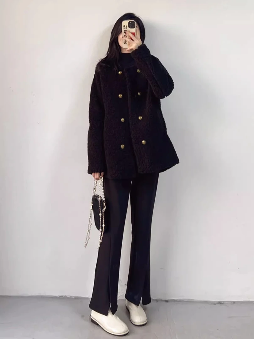 2025冬季宽松气质加厚双排扣榻榻毛毛外套百搭网红秋冬宽松外套