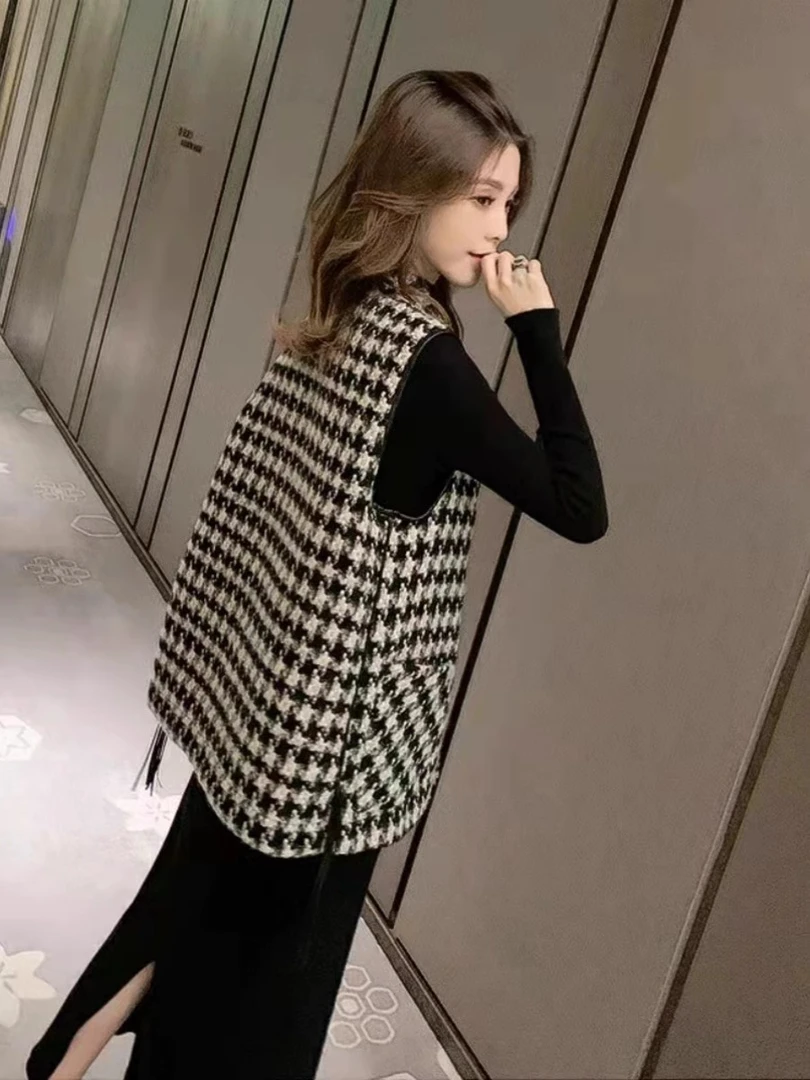 千鸟格子显瘦马甲女春秋外搭潮英伦风2025新款设计感无袖坎肩马夹