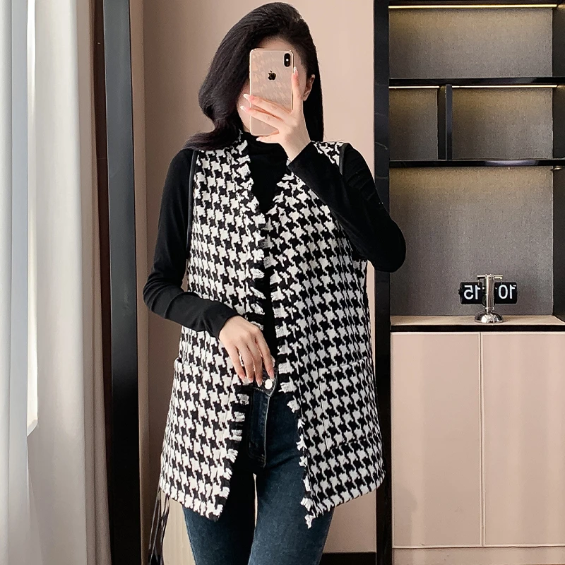 春季千鸟格复古马甲背心外套女秋冬装小香风外穿夹克宽松马夹韩版