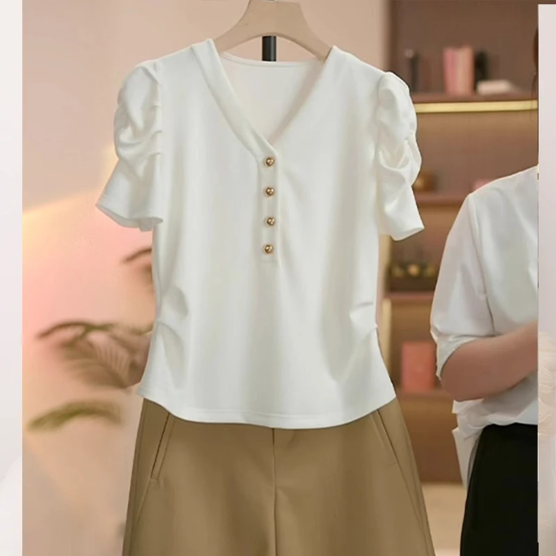 2025法式V领短袖T恤女夏季新款泡泡袖显瘦别致褶皱半袖洋气上衣
