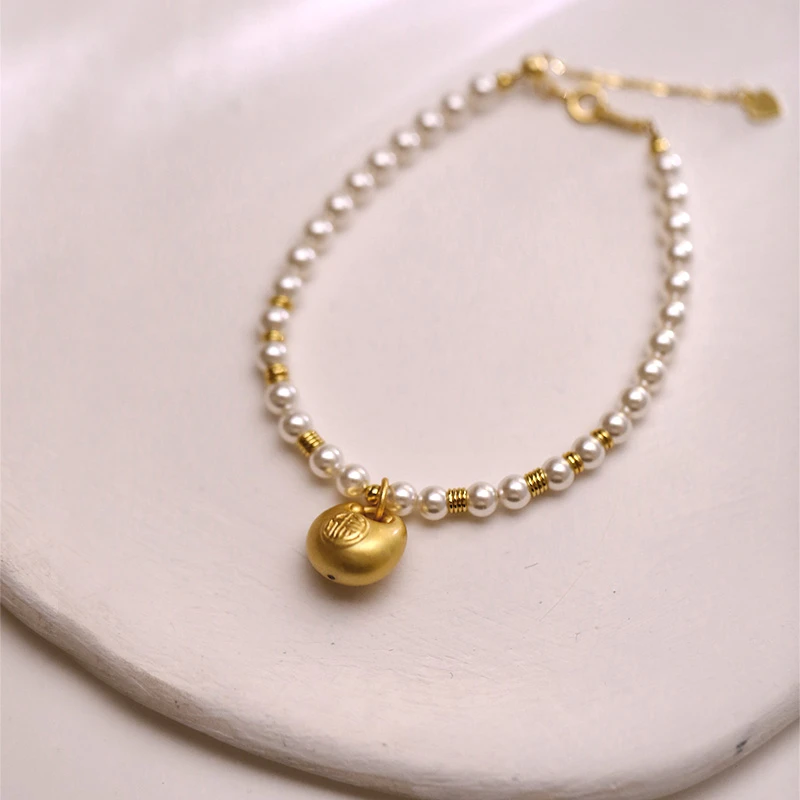 Lonel/洛奈 925银仿珍珠手链 胖福 纯银金色手链女手工轻奢时尚