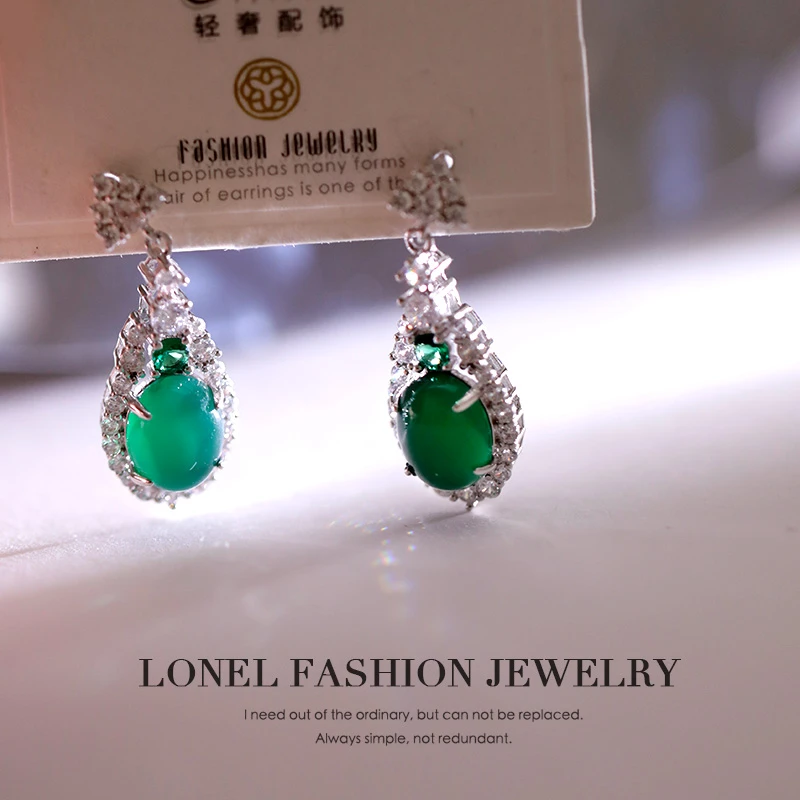 Lonel/洛奈 铜合金合成锆石耳饰 入画江南时尚轻奢耳钉女款绿耳环