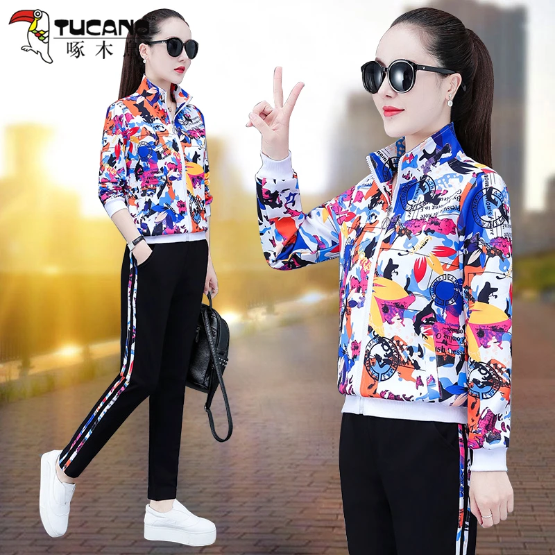 【官方正品】啄木鸟休闲运动套装女春季百搭减龄跑步服洋气两件套