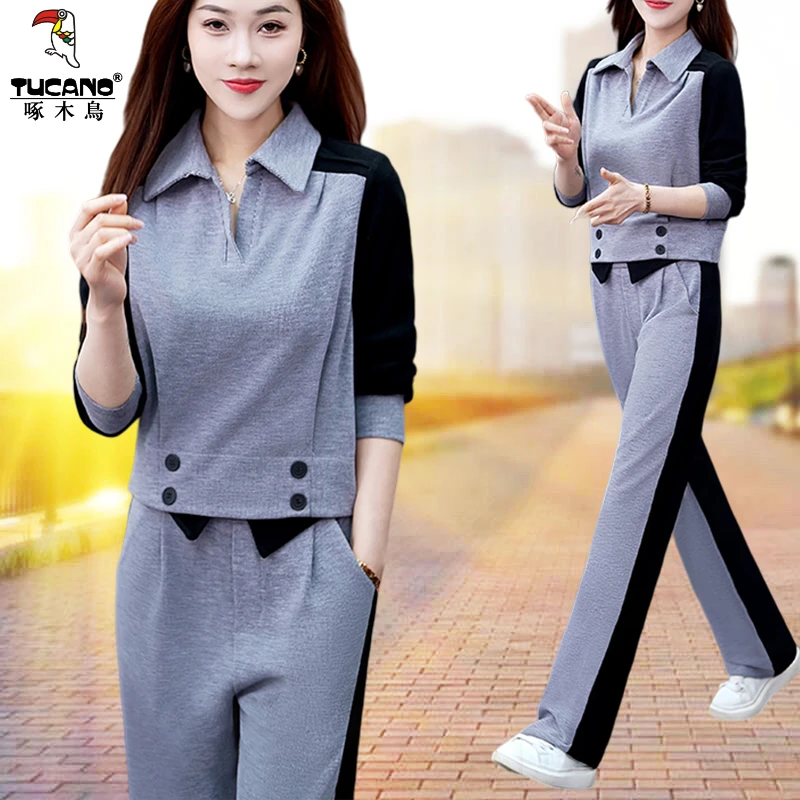 啄木鸟新款休闲时尚套装秋季翻领宽松开衫运动裤跑步服气质俩件套