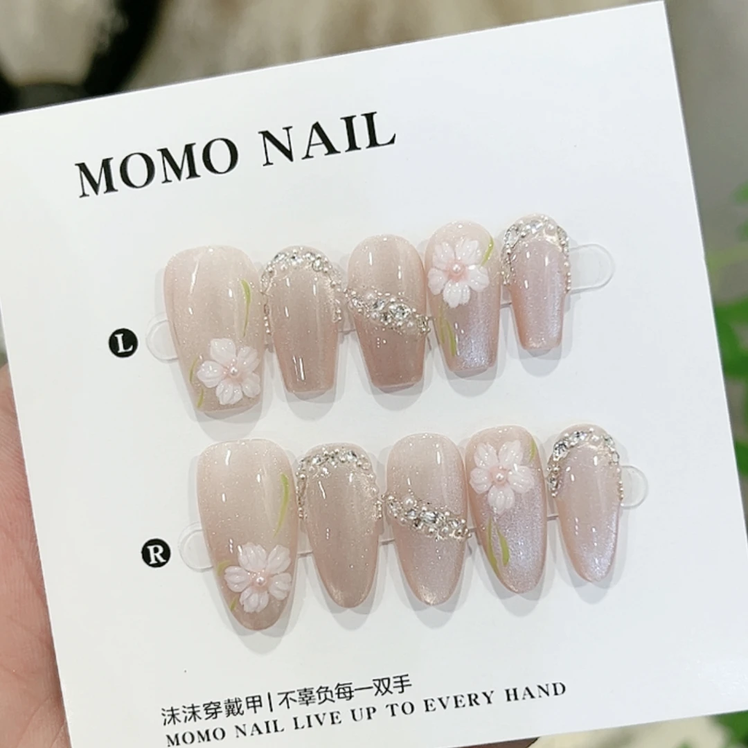 【花间令】奈木花园轻奢设计手工穿戴甲手绘郁金香月光粉显白