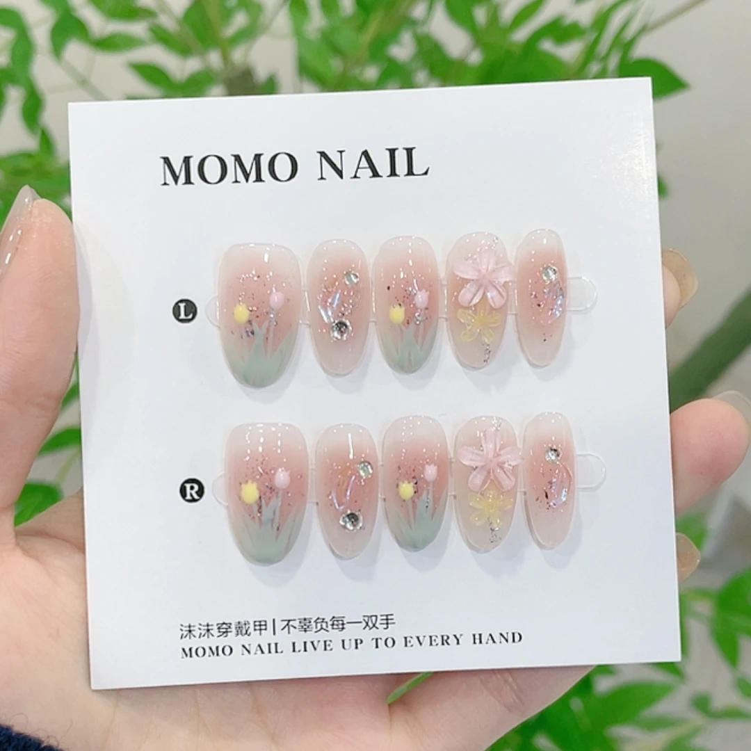 【花丛】奈木花园轻奢设计手工穿戴甲手绘郁金香月光粉显白