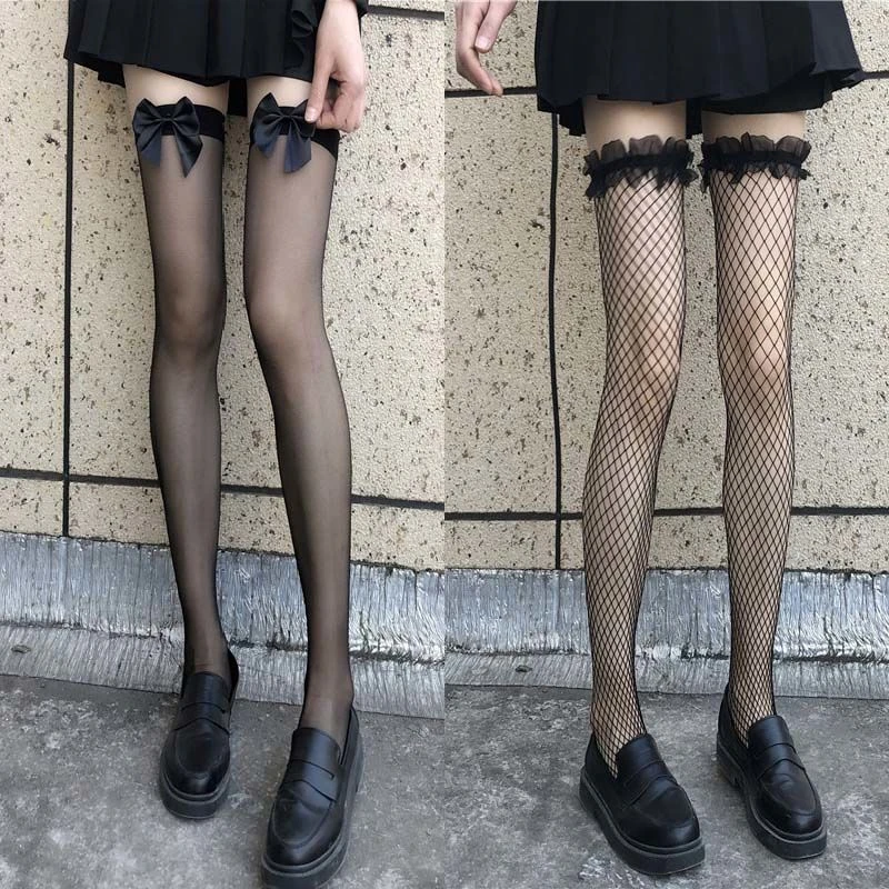 长筒蝴蝶结过膝袜女jk渔网袜网红黑丝袜ins白色花边