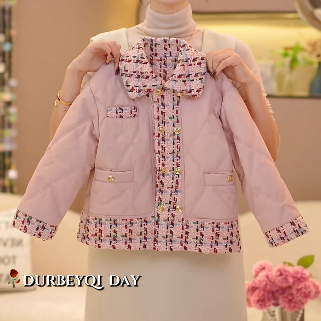 女童冬款2024秋冬韩版儿童洋气加绒夹棉拼接格子小香风外套2413