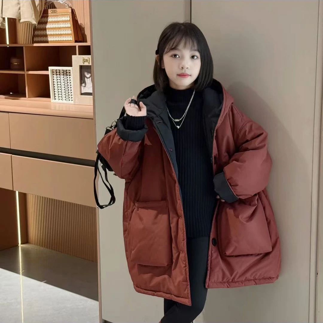 女童棉衣两面穿2024秋冬新款中大童冬季洋气加厚棉服女童加厚棉服