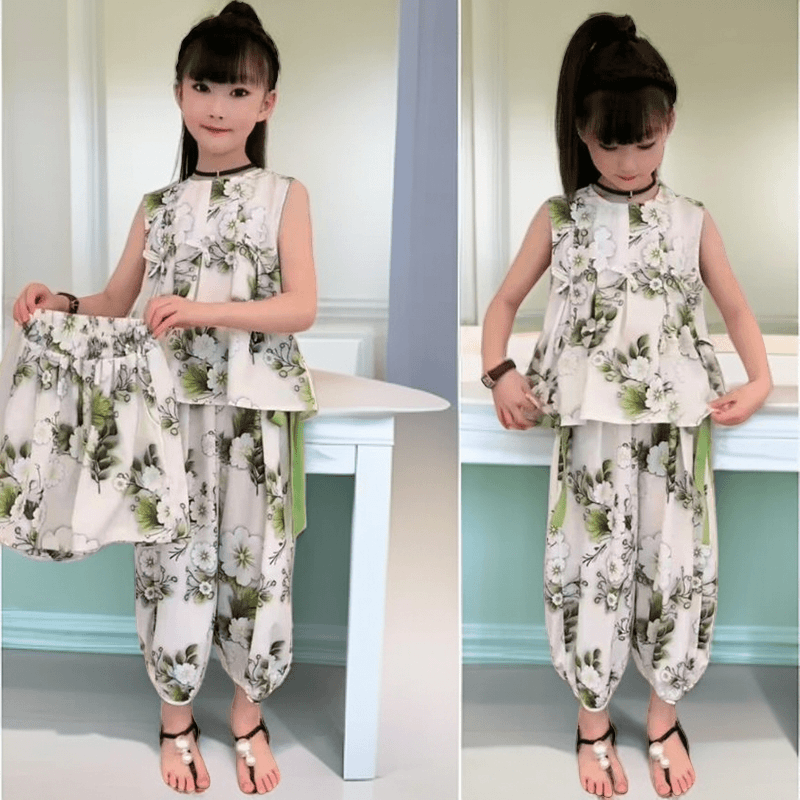 女童套装2024夏季新款时尚茉莉花无袖印花上衣短裤防蚊裤潮酷套装