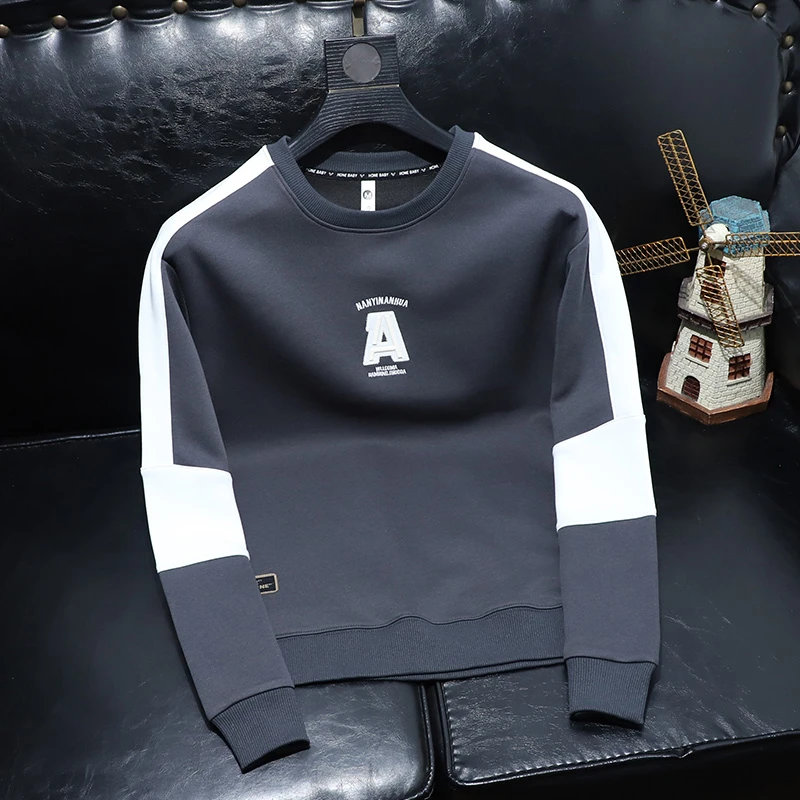 卫衣男秋冬新款潮牌潮流时尚字母刺绣拼接撞色圆领长袖体恤打底衫