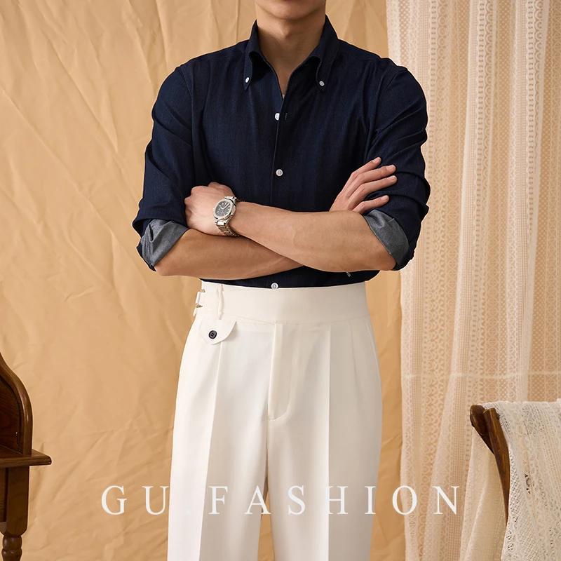 意式复古一片领商务牛仔蓝色衬衫商务休闲男士免烫抗皱半开领衬衣