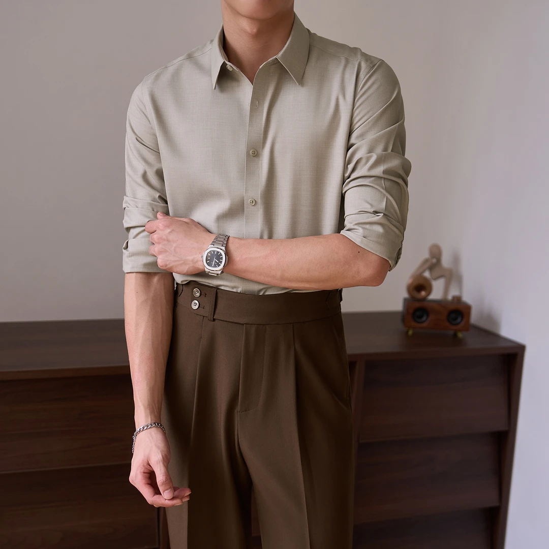 丝滑莫代尔舒适衬衫绅士商务通勤上班基础百搭休闲免烫白色衬衣男