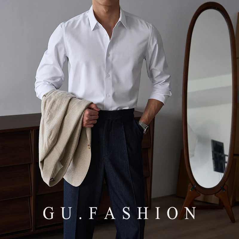 GU FASHION自制高支免烫白色长袖衬衫秋冬男士商务通勤修身衬衣