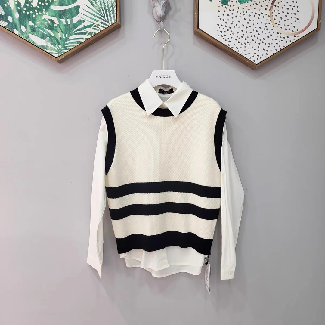 麦寻冬季新款TZEXP001白色针织马甲衬衫两件套时尚潮流百搭款条纹