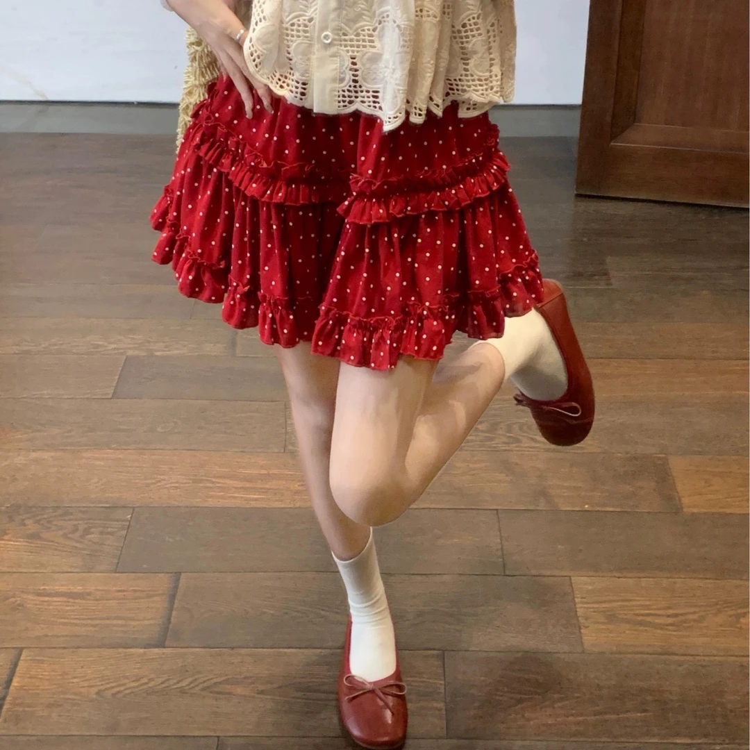 夏季甜美新款枣红色波点半身裙松紧腰木耳边蛋糕裙高腰短裙韩版
