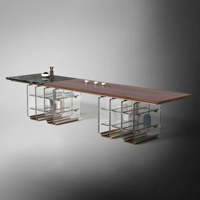 生月堂北美黑胡桃木天然奢石双拼凌云大茶台泡茶桌办公书桌接待桌