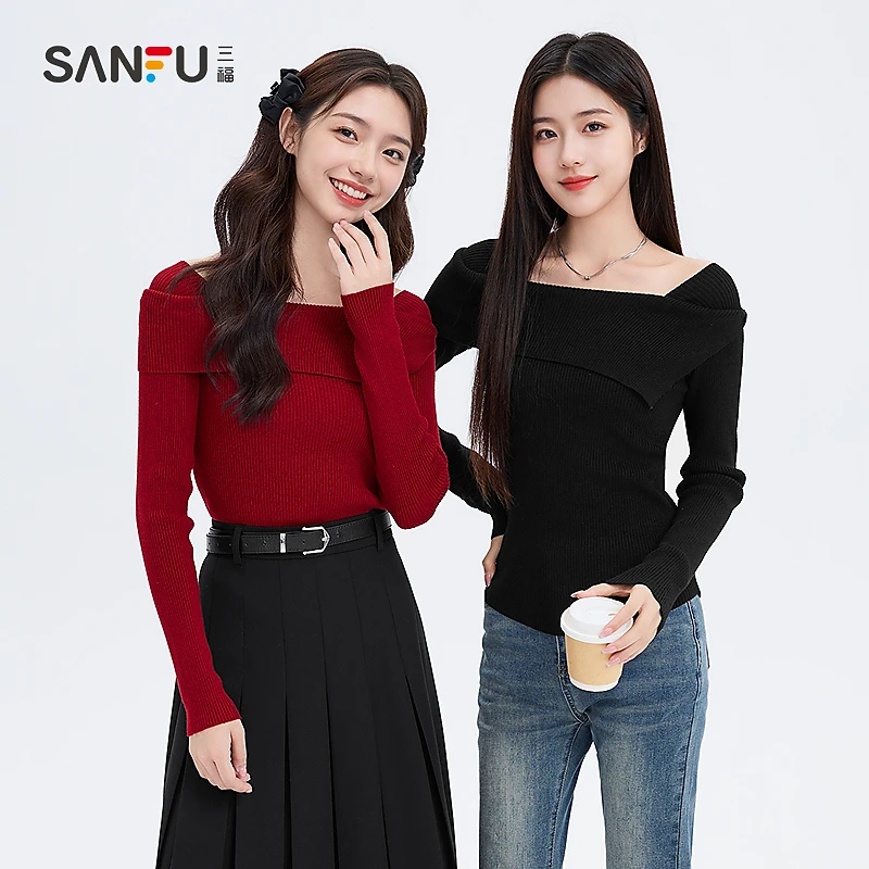 三福毛衣2024冬季法式翻领一字肩修身毛针织衫女装491051