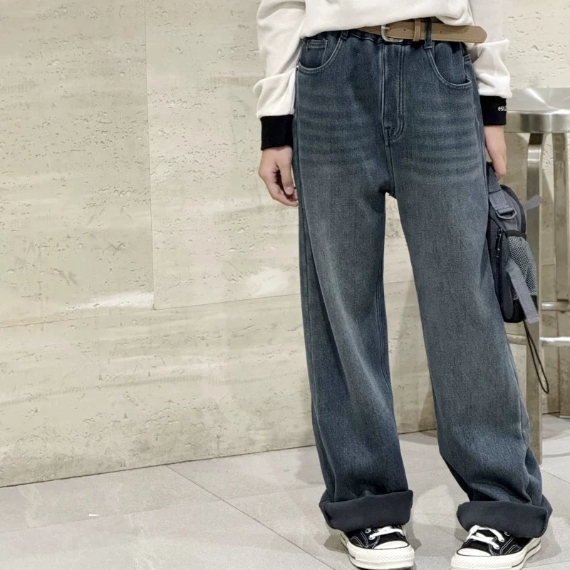 柳柳定制 冬季潮范女童880190中韩版口袋绣蝴蝶结加绒亲子牛仔裤