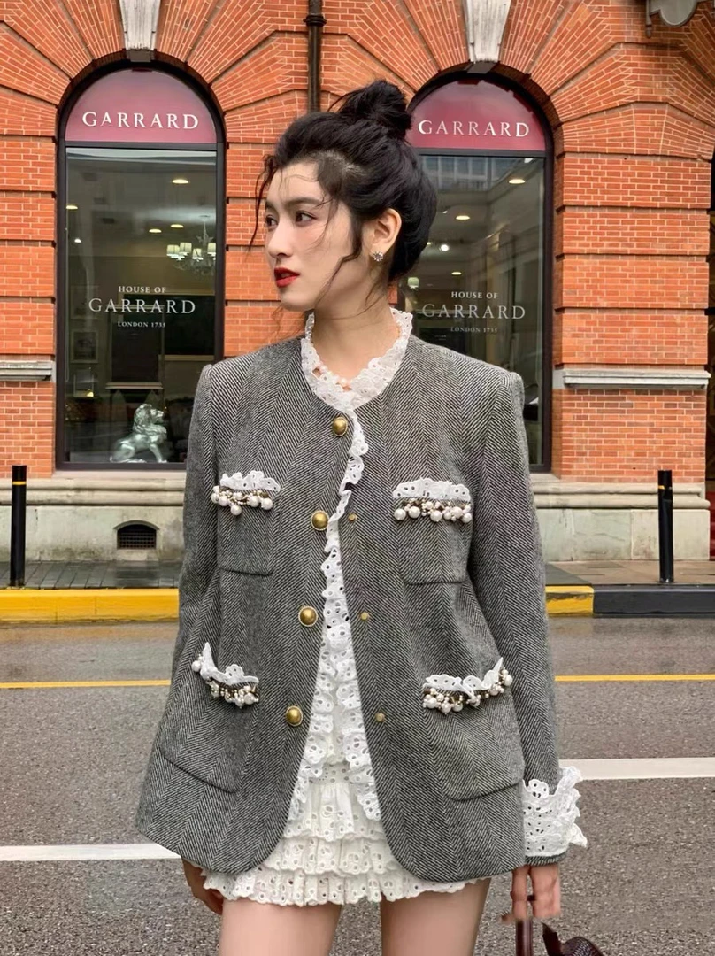 花颜范冰冰同款洛可可宫廷风羊毛呢蕾丝花边中长款外套花颜同款