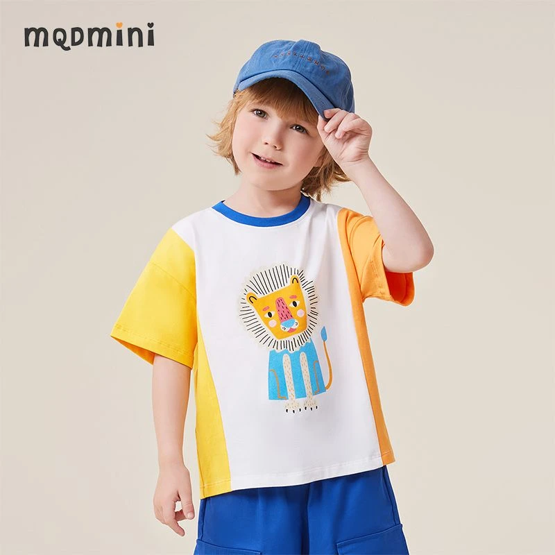 MQDMINI童装男童短袖t恤夏季新款中小童拼接撞色卡通男童打底衫