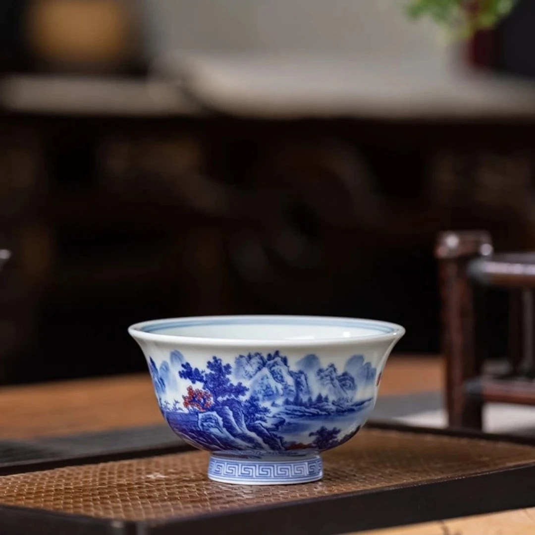 景德镇手工手作釉下青花釉里红清流胜境陶瓷压手杯主人杯120cc