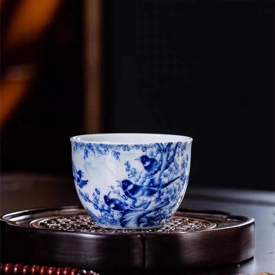 景德镇手工手作青花喜上眉梢陶瓷杯客杯主人杯80cc
