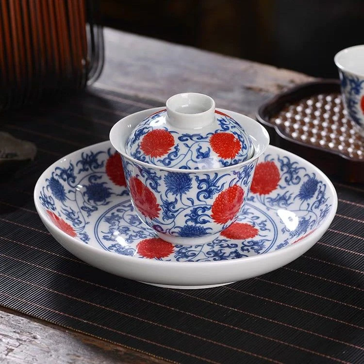 景德镇手工手作釉下青花釉里红缠枝莲团花陶瓷壶承果盘（直径18cm）