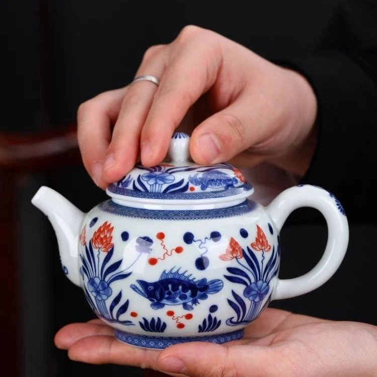 景德镇手工手作青花釉里红鱼藻纹陶瓷茶壶300cc