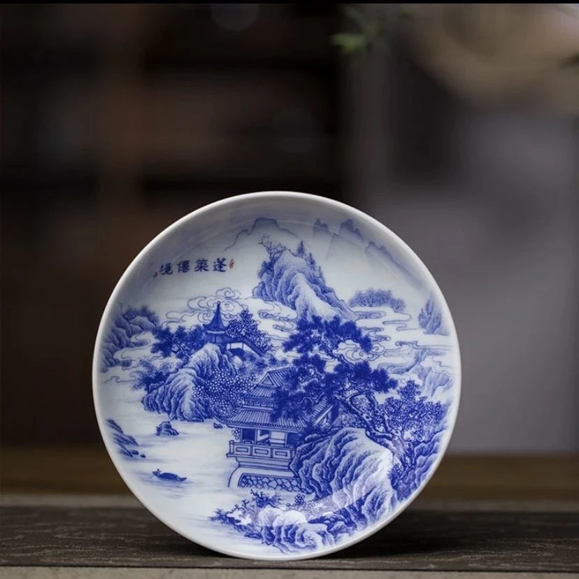 景德镇手工手作釉下青花蓬莱仙境陶瓷壶承果盘茶盘