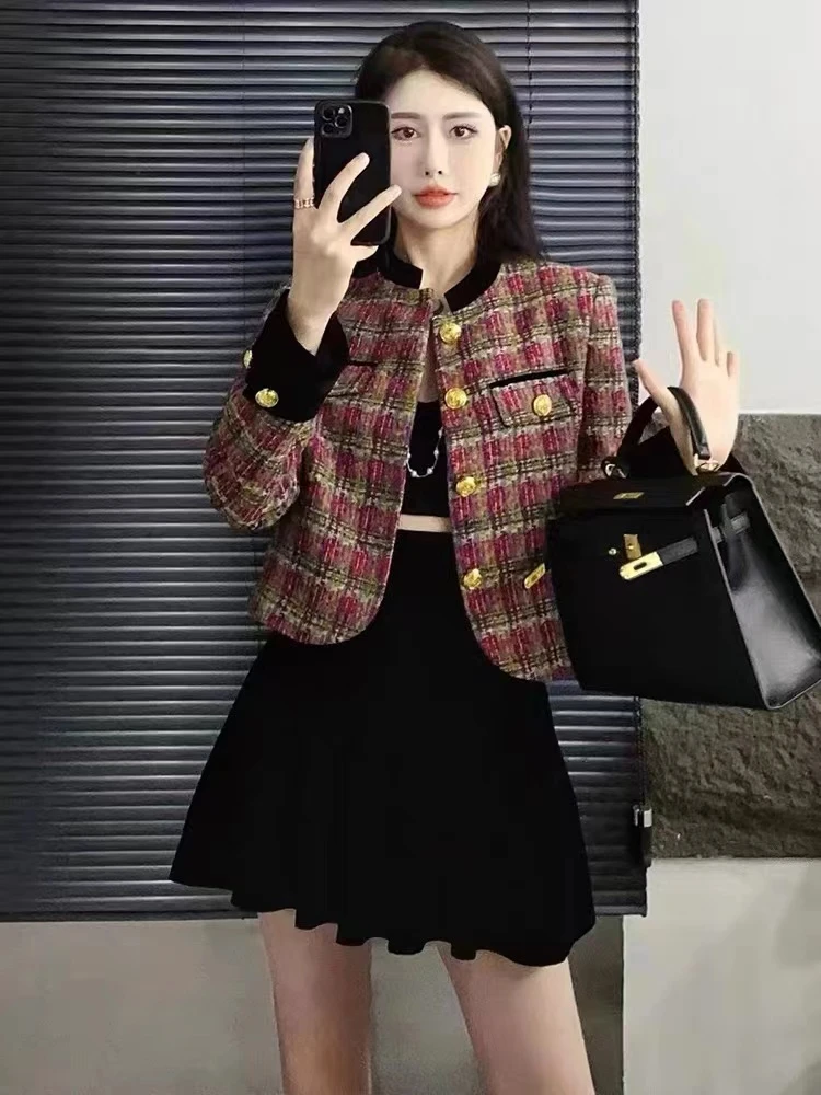 CHEN高级感小香风格子外套女2024秋季新款马术服格子外套966-12