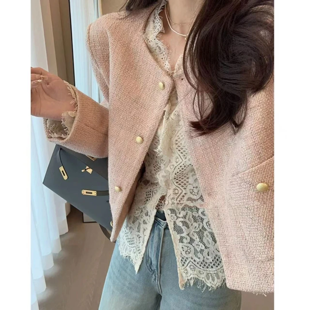 粉色减龄小香风短外套女2024秋季新款气质显瘦长袖短款上衣