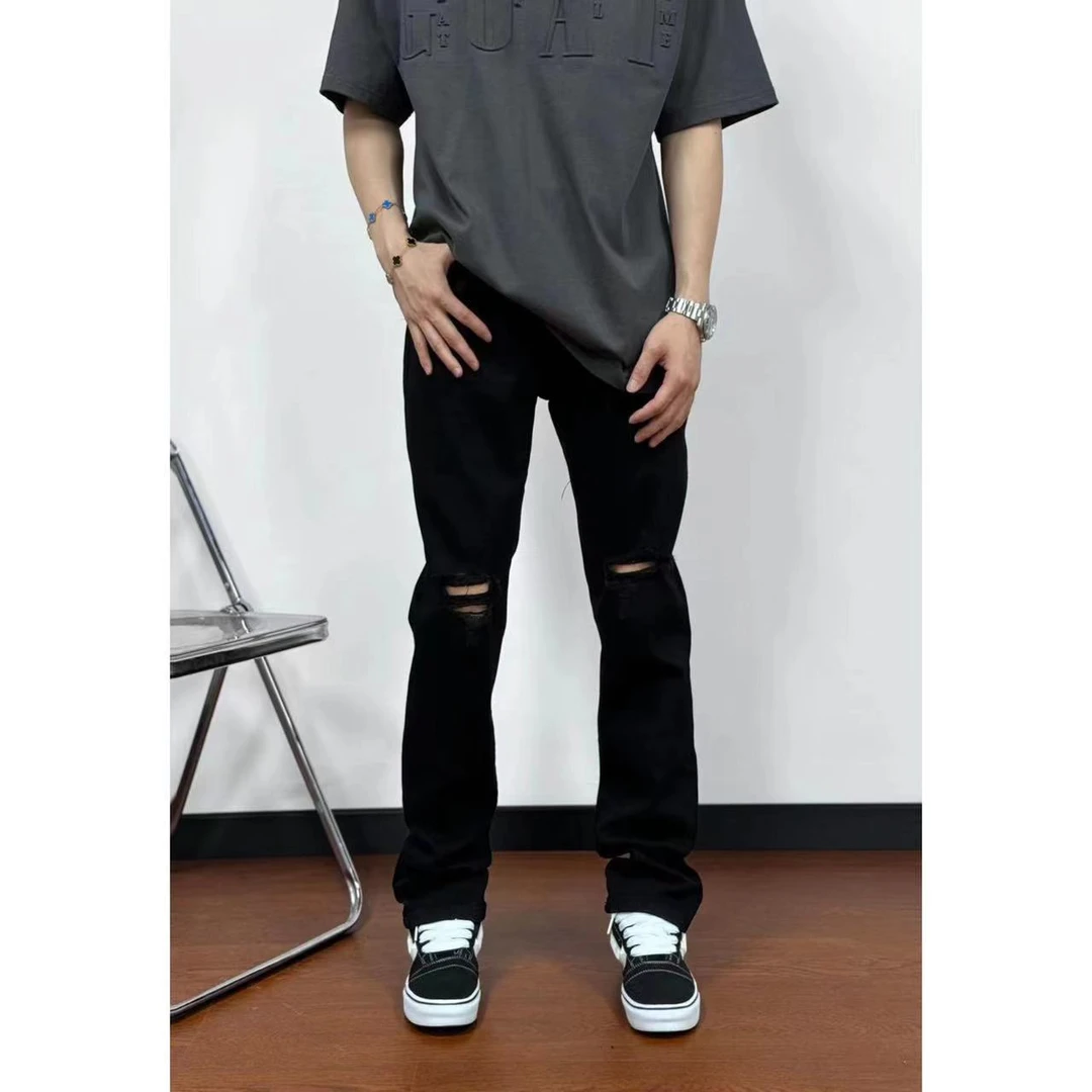 丹宁系列·美式街头基础款纯色破洞显瘦高弹力直筒百搭高街牛仔裤