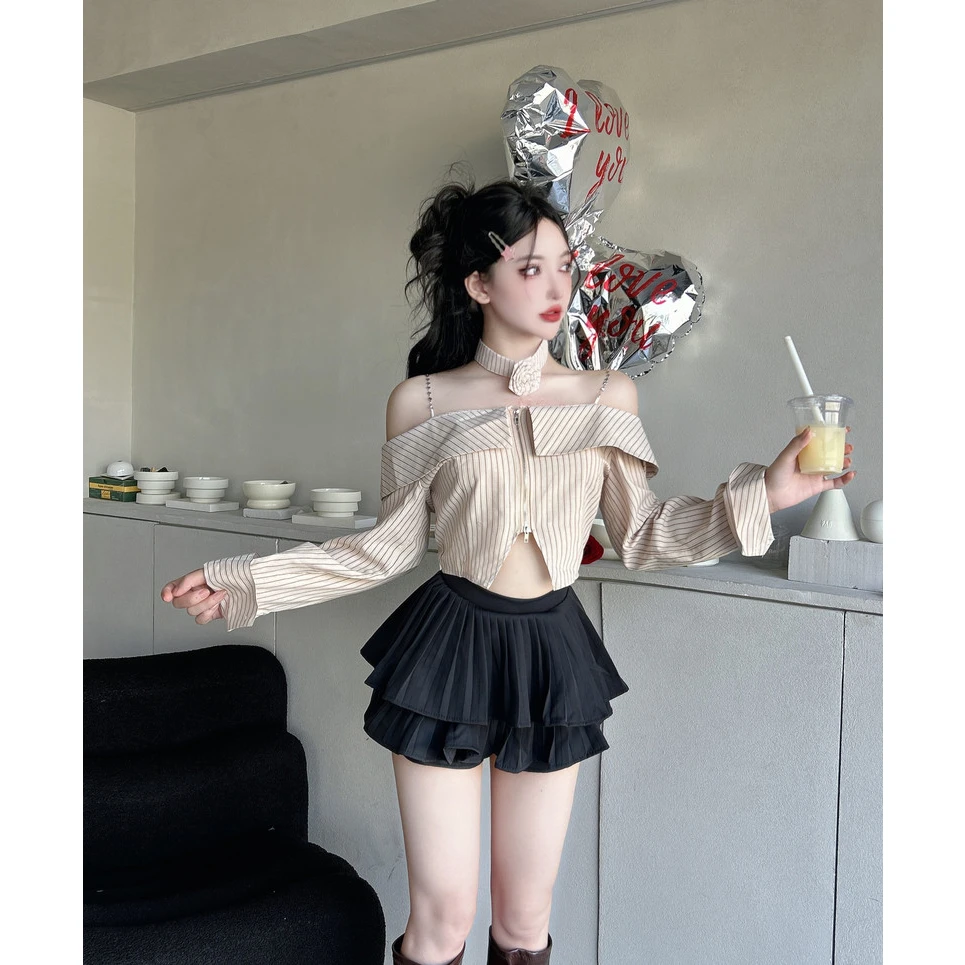 韩版复古条纹一字领露肩吊带长袖衬衫+荷叶边五一旅游出街衣服