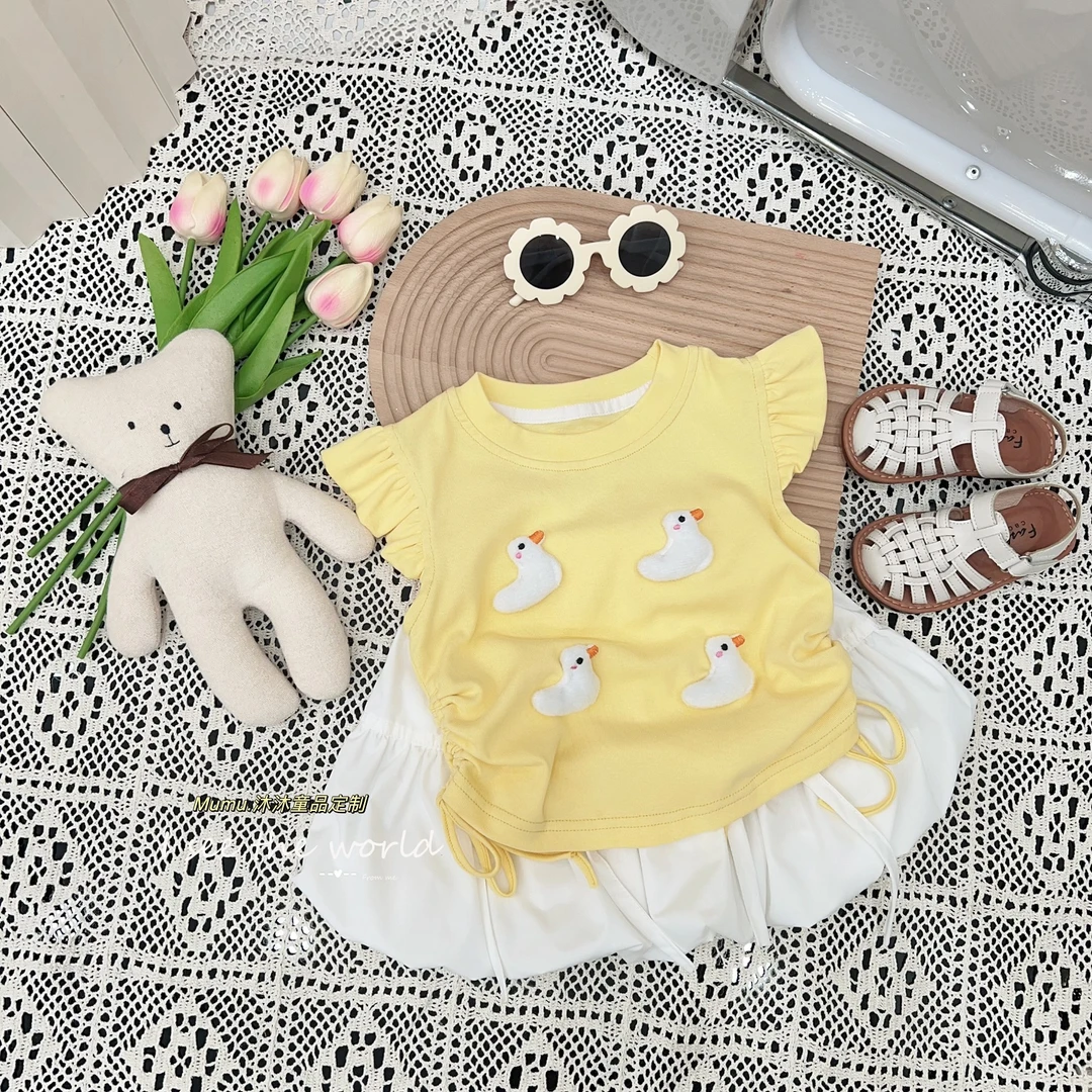 女童卡通套装短袖新款2024韩版洋气奶萌可爱宝宝花苞半裙两件套