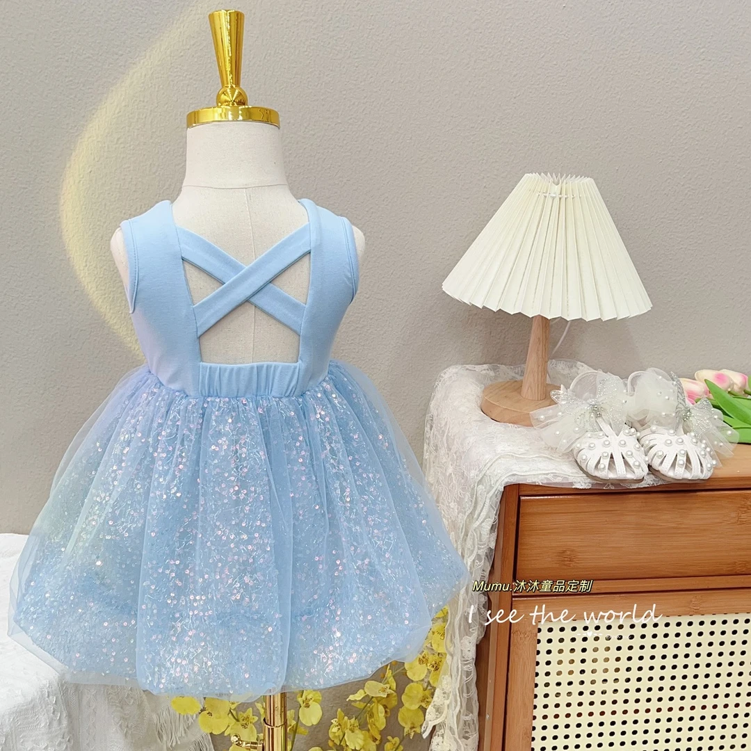 女童背心亮片花苞连衣裙露背夏季新款2024洋气小童节日表演服甜美