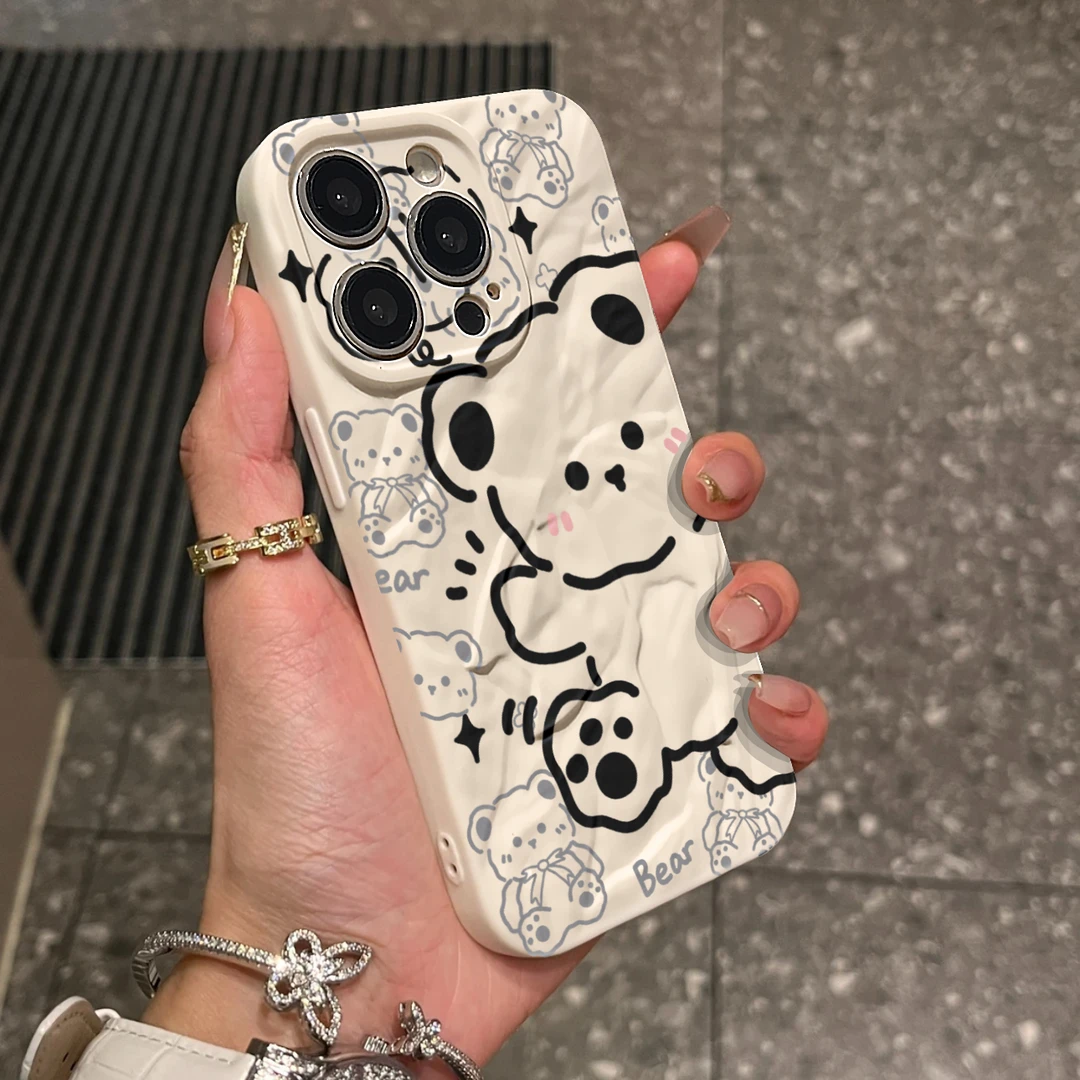 高级小熊ins肤感褶皱苹果15手机壳iphone13/14promax全包12软防摔