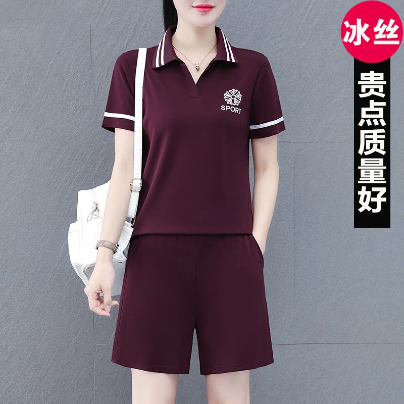 高档冰丝polo领短袖短裤套装女士夏季韩版时尚显瘦减龄休闲两件套