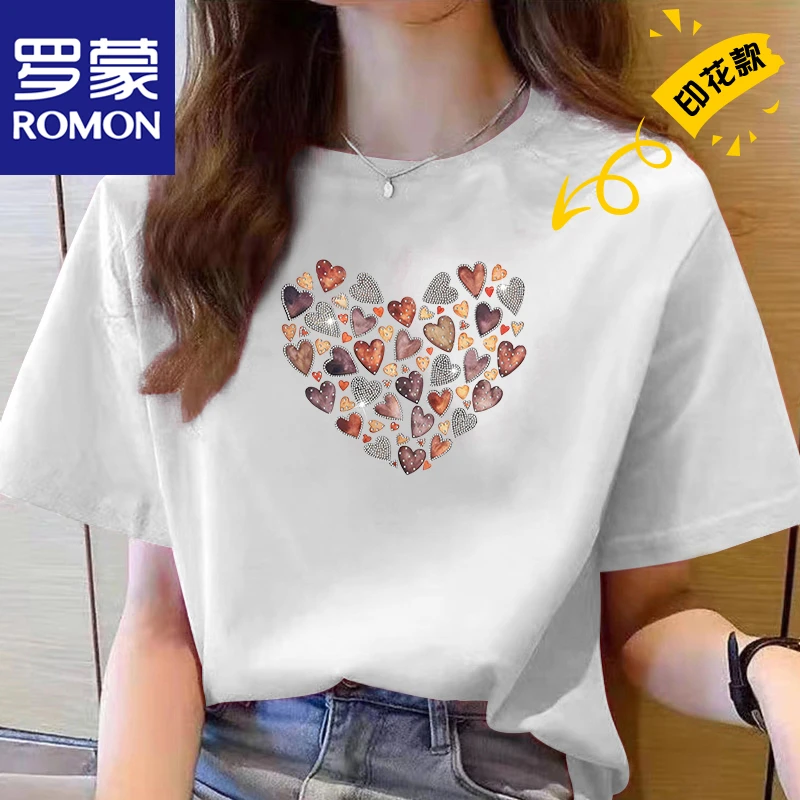 Romon/罗蒙圆领纯棉t短袖情侣印花休闲时尚宽松显瘦白色百搭1002