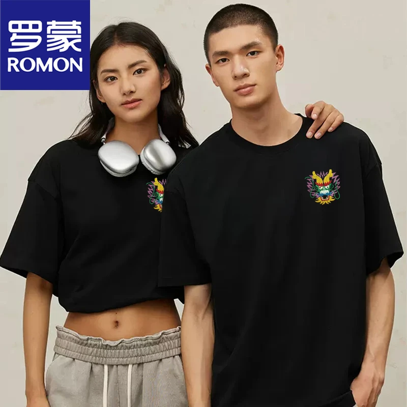 Romon/罗蒙圆领纯棉t短袖情侣印花休闲时尚夏宽松显瘦白色百搭802