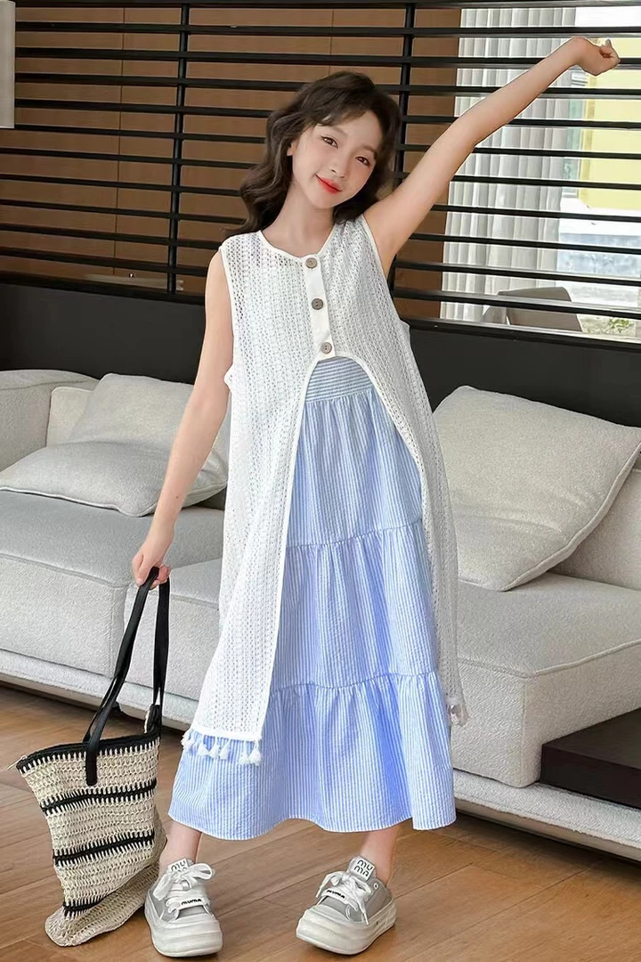 2024新款女中大童度假风洋气连衣裙两件套夏装小女孩吊带裙时髦潮