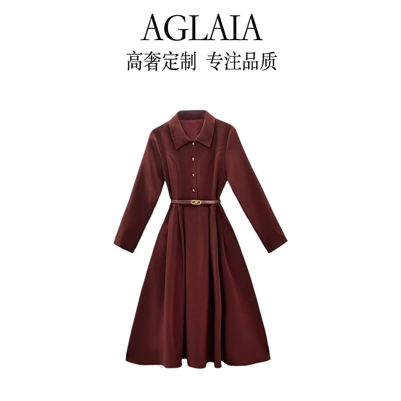 9336~Aglaia法式2024秋季新款优雅时尚轻奢翻领长袖连衣裙女