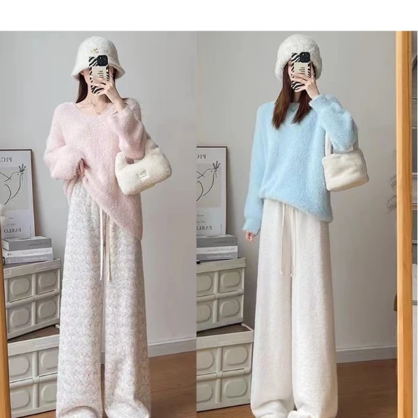 慵懒糯米针织裤女宽松高腰直筒阔腿裤春秋冬加绒垂感美式休闲裤子