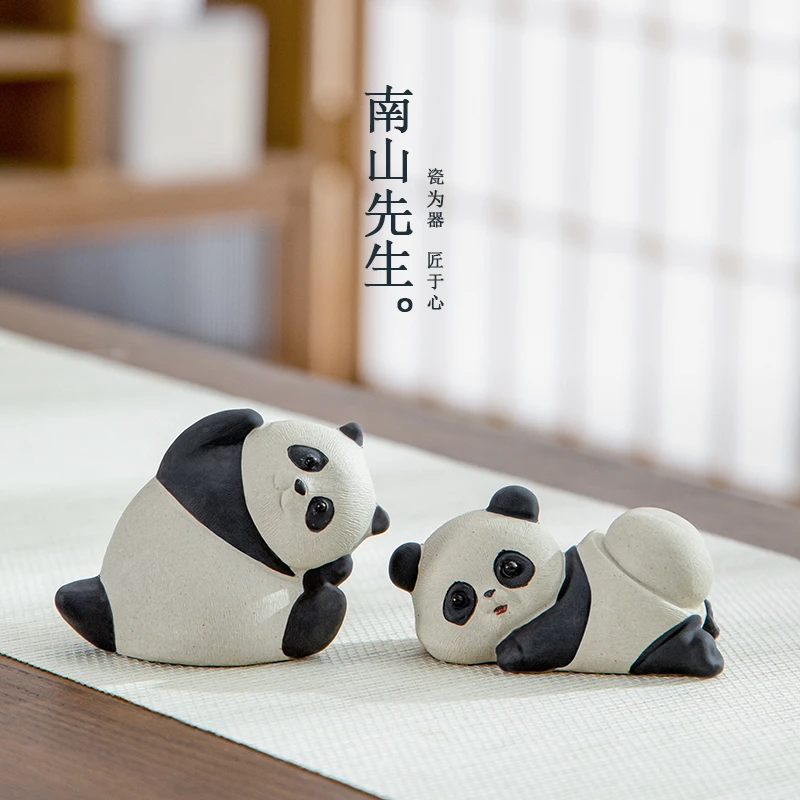 南山先生 趴趴熊猫茶宠紫砂纯手工手绘茶宠可爱呆萌茶道摆件