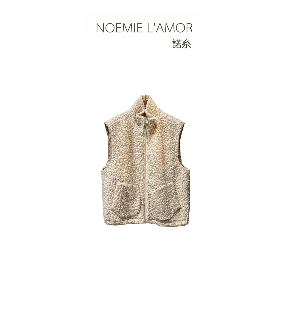 秋冬保暖复古小立领颗粒绒下摆抽绳羊毛马甲