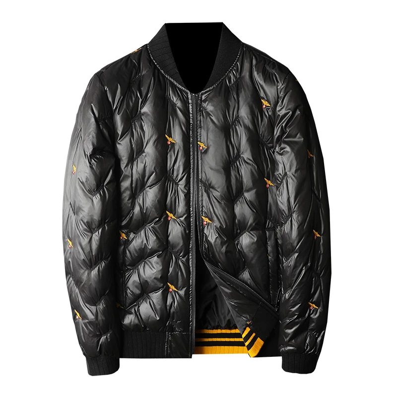 欧洲站小蜜蜂刺绣外套男羽绒服轻薄韩版帅气潮冬季薄款白鸭绒短款