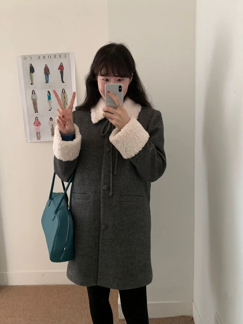 HENIMAN/恒依曼韩版高级中长款拼接毛毛领羽绒毛呢大衣外套6063