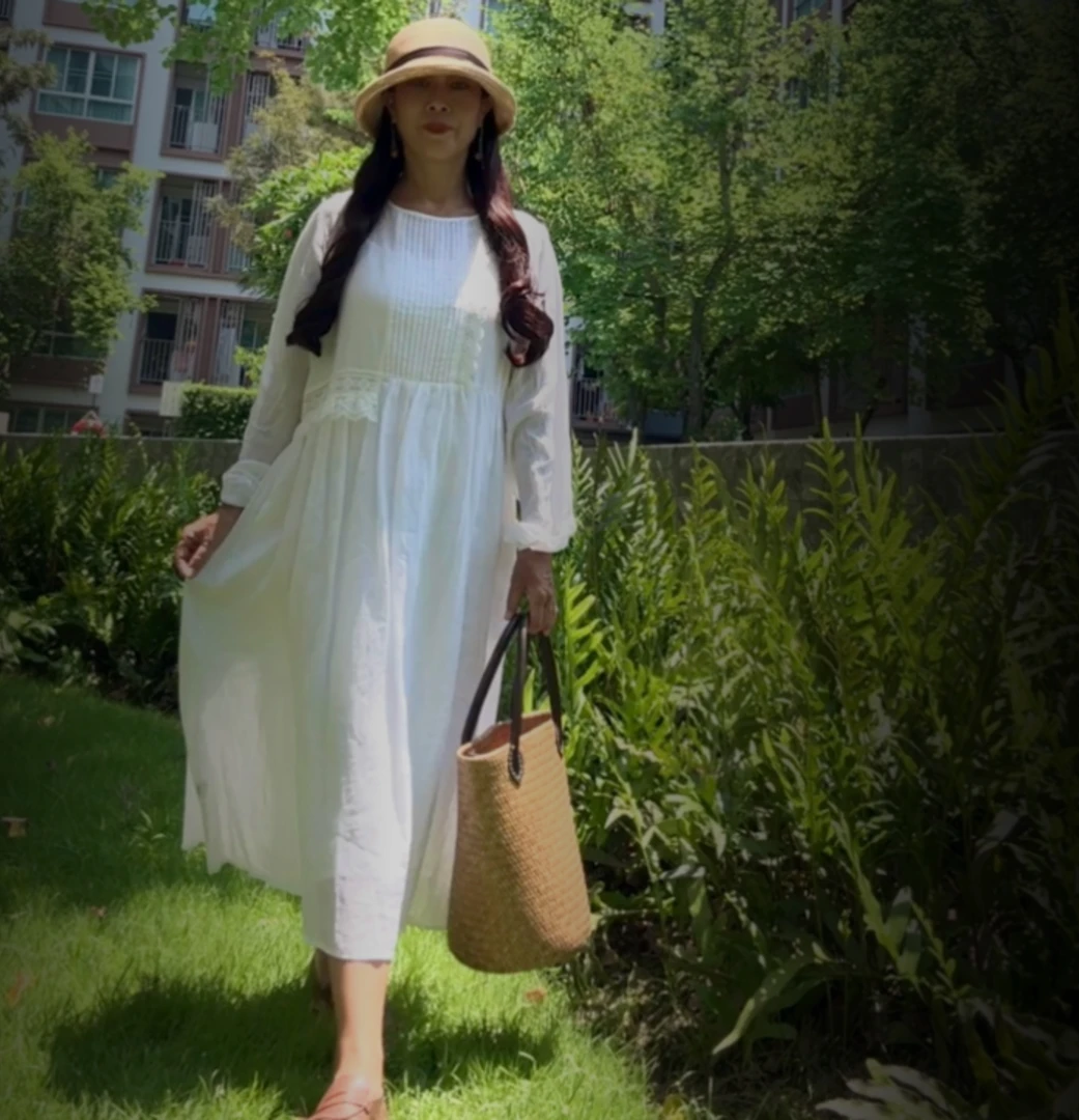 连衣裙森系蕾丝拼接苎麻长袖中长裙显瘦宽松
