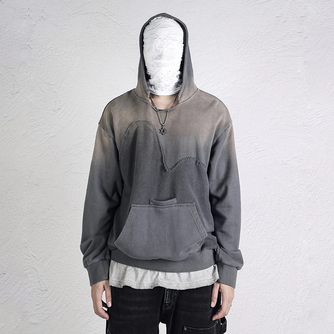 Merge Lab.复古重度阳光褪水洗做旧ML反拼接套头帽衫卫衣重磅三色