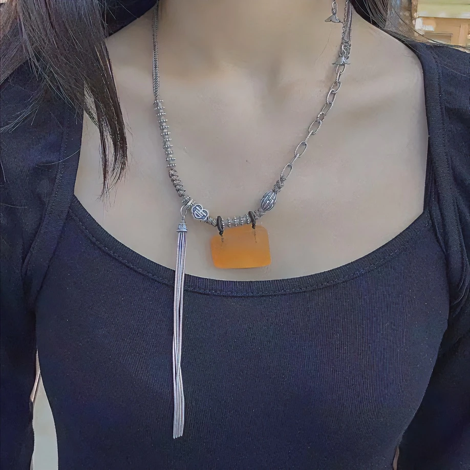 S925银 天然鸡油黄方块蜜蜡 小众复古流苏款百搭项链   0014